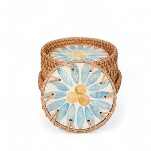 ชุดพรีเมียม 6 ชิ้น ที่รองแก้วมุกประดับขอบหวาย พร้อมกล่องเก็บหวาย สำหรับตกแต่งบ้าน - Product Image 2