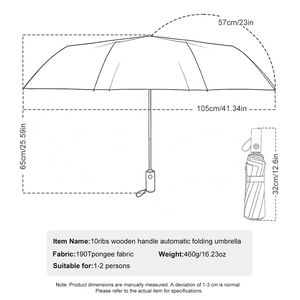 Paraguas Plegable de 3 Secciones, con Tela Pongee 190T Impermeable de 460g, 10 Varillas Resistentes al Viento, Apertura Automática, Diámetro de 105cm, Mango de Madera y Logotipo Personalizado - Product Image 2