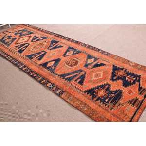Vintage <b>Rug</b>, 3.8x11.4 ft <b>Runner</b> <b>Rug</b>, Orange Blue Herki Wool <b>Rug</b> - Product Image 3