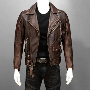 Chaqueta de piloto Vintage de otoño, piel de vaca personalizada, cuero genuino, ropa de calle hecha a mano, abrigo corto Punk para motocicleta, cremallera, lona delgada - Product Image 2