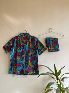 Ensemble de pyjama en coton bleu pour adultes femmes Sexy imprimé Animal costume de nuit bloc de main imprimé grande taille vêtements de nuit doux respirant - Product Image 4