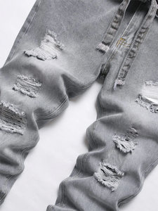 Breathable <b>Men</b> <b>Ripped</b> Denim Pants Customized Logo <b>Men's</b> Vintage Wash <b>Ripped</b> Straight Leg Stacked <b>Jeans</b> Distressed Pants - Product Image 3