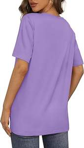 Venta al por mayor de camisetas de manga corta de Color púrpura de verano para mujer, decoración bordada, lona transpirable, estilo con cuello en V - Product Image 3