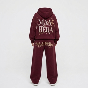 Custom Women Oversized Hoodie and Wide Leg Sweatpants Set <b>Burgundy</b> Cotton Fleece Graphic Print Two Piece Tracksuit - Product Image 3