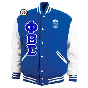Chaqueta Bomber Bordada de la Fraternidad Phi Beta Sigma para Hombre |   Chaqueta Universitaria de Lana Bordada con Mangas de Cuero y Letras - Product Image 1