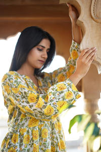 Vestido Estampado a Mano, Túnica India, Vestido Estampado a Mano, Mangas Largas, Cuello Mao, Estampado Floral, Vestido Largo Maxi para Mujer - Product Image 2