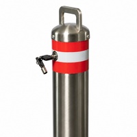 Lift Out Metal Bollard with Top Ring Red White Safety Band Silver Round Steel Post Locking Socket Base Road Removable Bollard