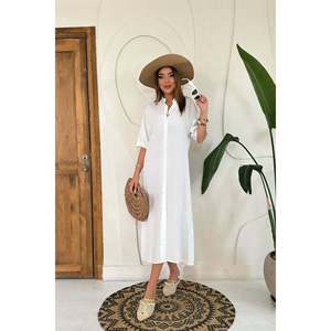 Robe midi unie en lin 100% blanc avec taille naturelle - Manches courtes respirantes - Product Image 2