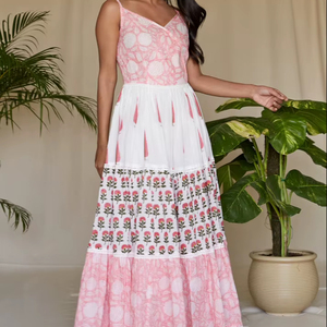 Summer Casual Maxi Ruffled Belt Jersey de algodón para mujer Hecho en India Escote sin tirantes con cierre de ojo de gancho - Product Image 1