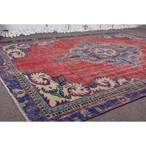 Alfombra turca Vintage, tejido plano de lana roja y morada, patrón de retazos de 6,8 'X 9,7 'para decoración para sala de estar, uso de pasillo, respaldo de látex - Product Image 2