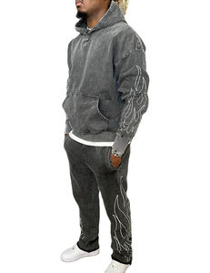 Conjunto Deportivo de Felpa con Capucha, Bordado Desgastado, Pantalones Deportivos Acampanados, Estilo Lavado Ácido - Product Image 5