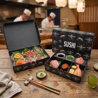 Boîte alimentaire pliable personnalisée, boîte à sushi écologique, emballage à emporter, boîte à emporter avec plateau porte-sauce, boîtes en papier alimentaire