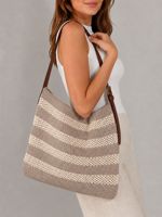 Bolso de hombro tejido para mujer con correa de cuero, bolso tote de punto elegante e informal, bolso de ganchillo a la moda