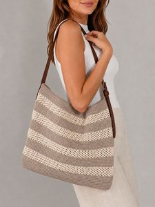 Women Knit Shoulder <b>Bag</b> with <b>Leather</b> Strap Casual Elegant Knitted Tote <b>Bag</b> Fashion Crochet Handbag - Product Image 1