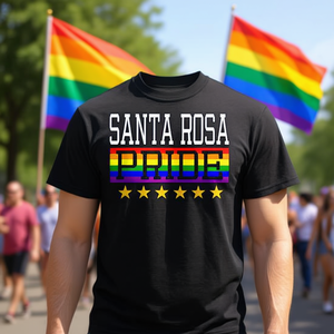 T-shirt Santa Rosa Pride Rainbow Flag per adulti, unisex, nera, manica corta, girocollo - Product Image 3