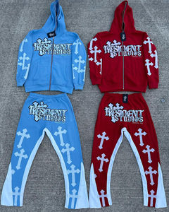 Wholesale OEM Custom Reverse <b>Embroidery</b> Winter Lightweight Solid Polyester/Cotton Hoodie <b>Set</b> Vintage Acid Wash Distressed Flared - Product Image 5