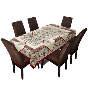 Mantel de Algodón Estampado a Mano de 240 Hilos Color Granate con 6 Servilletas, Diseño Rústico para Uso Doméstico o Hotelero (SHKF1005) - Product Image 1