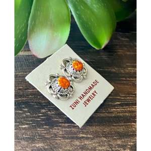 Zuni Handmade Orange Opal & <b>Sterling</b> <b>Silver</b> Flower <b>Stud</b> Earrings Bezel Setting for Gift - Product Image 3