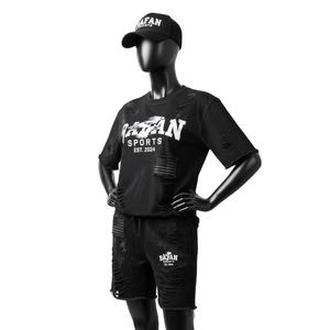 Conjunto de camiseta y pantalones cortos de algodón jersey premium para mujer, transpirable, suave, tela negra desgastada, 100% algodón. - Product Image 4