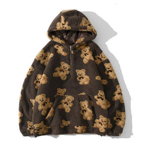 Fall Winter Warm Pullover Stylish Bear Printed <b>Sherpa</b> <b>Hoodies</b> for Women High Quality Custom Logo Streetwear Fashion Half Zipper - Product Image 2
