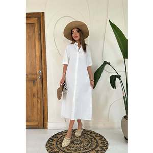 Robe midi unie en lin 100% blanc avec taille naturelle - Manches courtes respirantes - Product Image 1