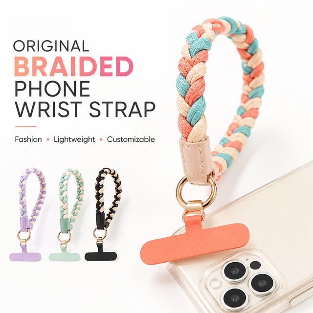 OEM ODM Macaron 4-Tone Braided Cell Phone Hand Lanyard, Custom Rope Shades, PU Patch & Metal Hardware