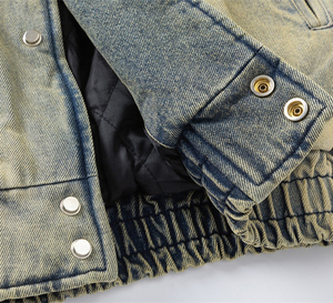 Chaqueta bomber vaquera personalizada lavada con ácido Vintage para hombre, ropa de calle bordada de retazos con cremallera para tela de lona acabada de primavera - Product Image 6