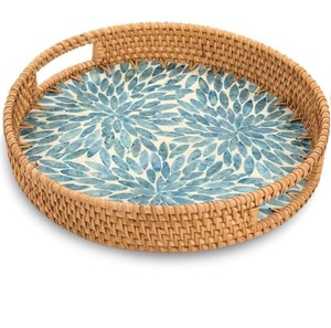 ถาดเสิร์ฟไม้หวายทรงกลม ดีไซน์เฉพาะตัว งานฝีมือประณีต ฝังลายกระดูก ถาดหวายรูปไข่ ถาดไม้ - Product Image 6