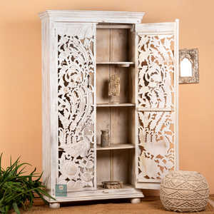 Armoire indienne blanchie à la main armoire de rangement pour chambre à coucher meubles indiens en manguier massif sculptés à la main - Product Image 2