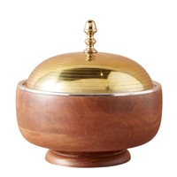 Casserole ronde de luxe en bois et acier inoxydable avec couvercle en laiton martelé, design arabe, réchaud alimentaire, plat de service en vente
