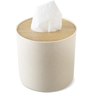 Caja de pañuelos cilíndrica de madera blanca de granja rústica, soporte de pañuelos de cubo cuadrado decorativo para el hogar y la Oficina - Product Image 1