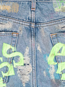 Jeans en denim pour homme de haute qualité, à taille mi-haute, avec broderie, coupe évasée, effet empilé, style vintage, super déchiré, personnalisé - Product Image 3