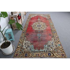 Tapis turc vintage, grand tapis de 4,3 x 9,6 pieds, tapis en laine Ikat rouge et bleu - Product Image 2
