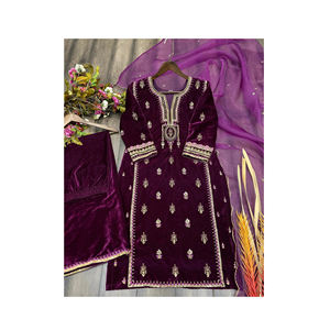 Traje Salwar Kameez de terciopelo bordado pesado del proveedor indio para mujer Nueva colección Material de seda - Product Image 2