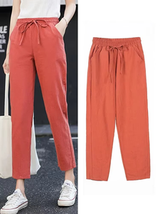 Pantalones de primavera y verano para mujer, pantalones harén de colores caramelo con cintura elástica sólida de lino y algodón - Product Image 5