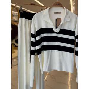 Conjunto de Pantalones y Suéter de Punto a Rayas Cerly Casual 9977 para Otoño, Transpirable y Elegante - Product Image 1