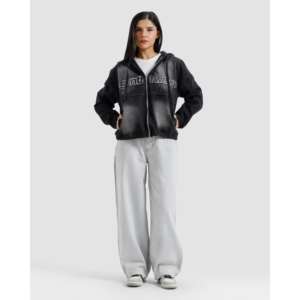 Veste en jean délavée à capuche pour femme, sweat-shirt confortable avec capuche élégante - Product Image 1