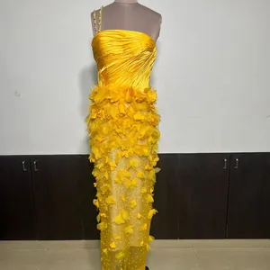 One Shoulder Evening Wear Yellow Dress For Women Party Wear Summer Brunch Prom Luxury Wear Gown Heavy Hand Work