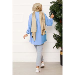 Camisa Kimono Azul con Cuello Alto y Solapa, Casual, Larga, de Algodón Popelina y Seda, con Estampado a Cuadros, Talla Extra Grande 4XL, Decoración con Logotipo - Product Image 3