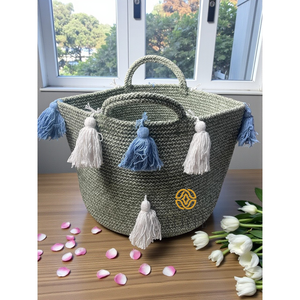 14x12 Inch Woven Cotton <b>Storage</b> <b>Basket</b> with Tassel Decor Living Room Multipurpose Organizer with Handles - Product Image 2
