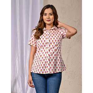 Camisa Blanca de Algodón Estampada de Manga Media para Mujer, Estilo Floral Retro, Popelina Satinada, Larga, Talla XL, para Fiestas de Otoño - Product Image 4