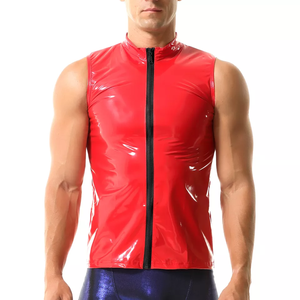 Débardeurs sexy en cuir PVC à fermeture éclair pour hommes, gilets de nuit minces tricotés et brillants en latex mouillé - Product Image 1