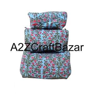 Indian Quilted Eco-Friendly Reusable Zipper Closure Cotton Cosmetic Case Soft Handle Large Capacity <b>Makeup</b> Pouch Women's Travel - Product Image 1