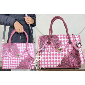 New Arrival 2026 Genuine Cow Leather Checkered Tote Bag Floral Tooling Stylish Women Shoulder & Crossbody <b>Handbag</b> For Daily Use - Product Image 1