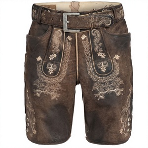 Shorts Lederhosen bavarois pour l'Oktoberfest (Bundhosen Suspensor) en cuir de vachette brun foncé, suédé brossé, épaisseur 1,2 mm, motif suédé fendu - Product Image 1