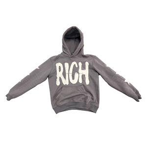 Parches bordados desgastados Sudadera con capucha Hombres Ropa de calle Sudaderas con capucha Logotipo áspero personalizado Sudaderas con capucha de algodón térmico - Product Image 5