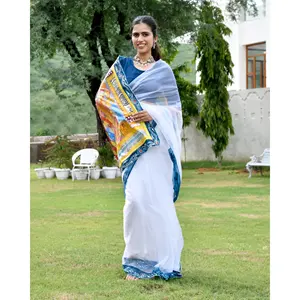 ผ้าซารีออร์แกนซ่าสีขาววาดลายด้วยมือ สวยงาม น้ำหนักเบา เหมาะสำหรับงานปาร์ตี้สำหรับผู้หญิง - Product Image 6