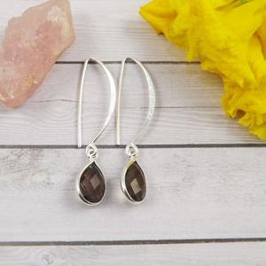 Boucles d'oreilles pendantes en argent sterling massif 925 faites à la main Simple Quartz fumé pierres précieuses meilleurs bijoux de mode pour les femmes fête mariage - Product Image 4