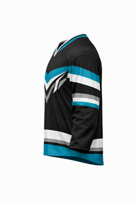 Jersey de Hockey sobre Hielo para Hombre, Negro, Verde Azulado y Blanco a Rayas, Manga Tres Cuartos, Cuello en V, Absorbe la Humedad, Sublimado - Product Image 2