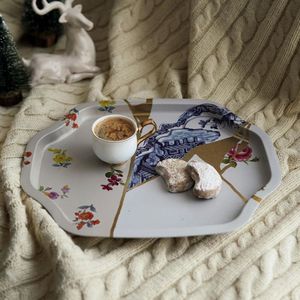 Kintsugi ถาดดอกไม้หลอดเลือดดำสีทองขนาด278X332มม. พร้อมขอบหยักโค้ง - Product Image 4